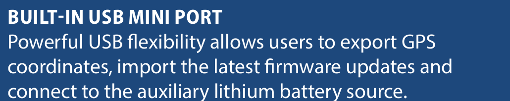 A panel from the AML PRO PLUS brochure headed BUILT-IN USB MINI PORT. It reads: Powerful USB flexibility allows users to export GPS coordinates, import the latest firmware updates and connect to the auxiliary lithium battery source.