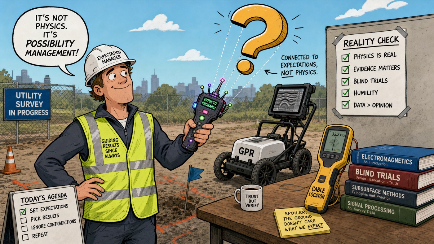 Satirical cartoon: a surveyor labelled Expectation Manager holds a gadget wired to expectations rather than physics, while real GPR, a cable locator and textbooks sit unused on a table beside a reality-check list