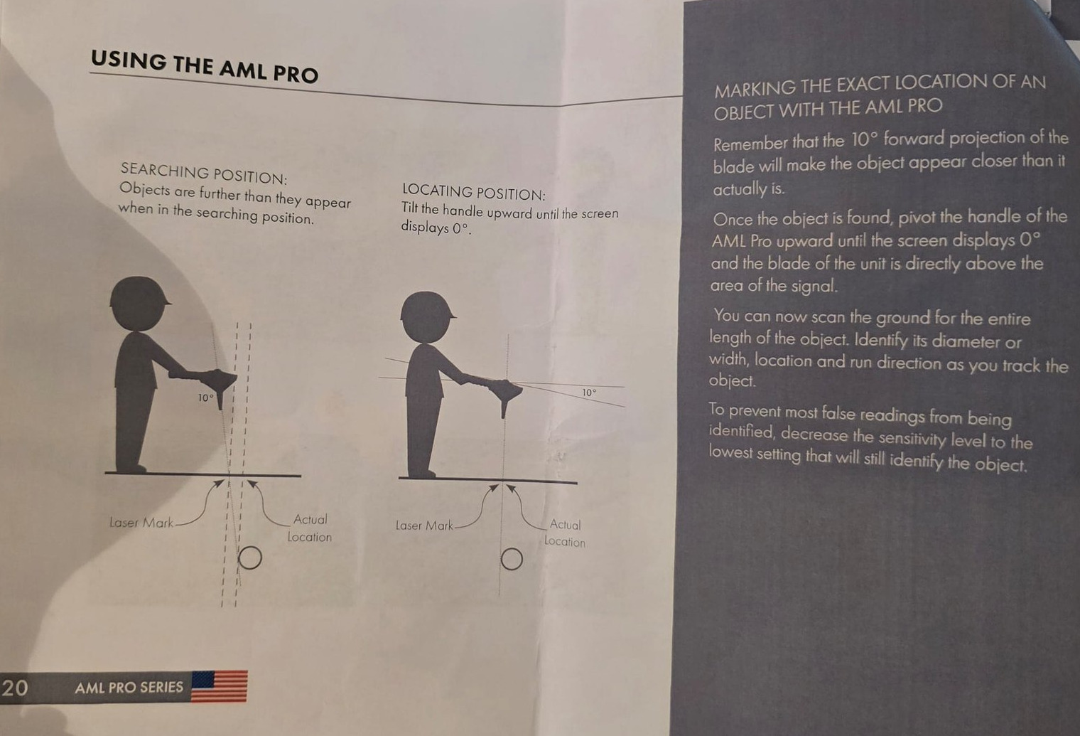 SSI manual page 20: two figures, one holding the AML Pro at a 10 degree searching position and one at the 0 degree locating position, each showing the laser mark falling away from the actual location of the object.