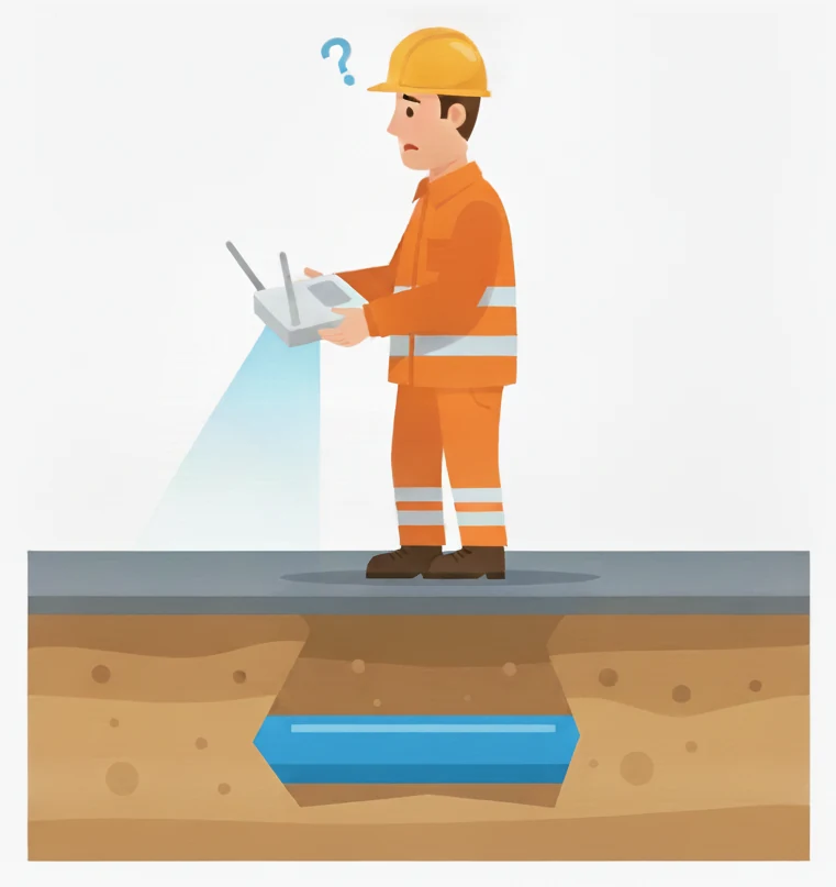 Illustration of a road worker in orange high-visibility clothing standing on a road, holding a device shaped like a domestic wifi router at waist height. A pale blue cone of signal points down from the device and fades away at the road surface. Below the road, a cutaway shows a blue plastic pipe lying in a trench, well out of reach of the signal.